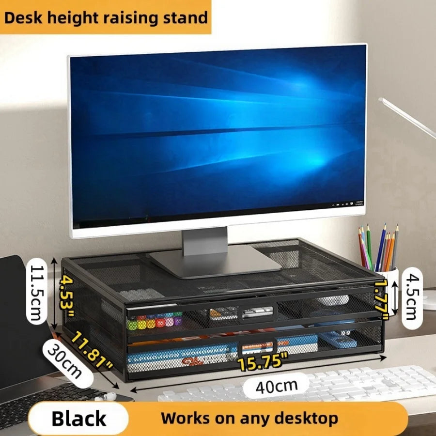 2-Layer Metal Monitor Stand with Drawer for Desktop Storage