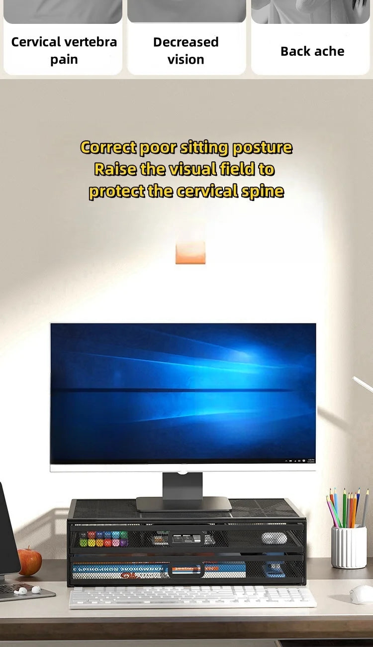 2-Layer Metal Monitor Stand with Drawer for Desktop Storage