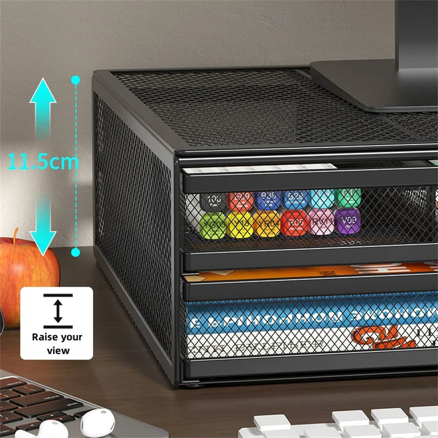 2-Layer Metal Monitor Stand with Drawer for Desktop Storage
