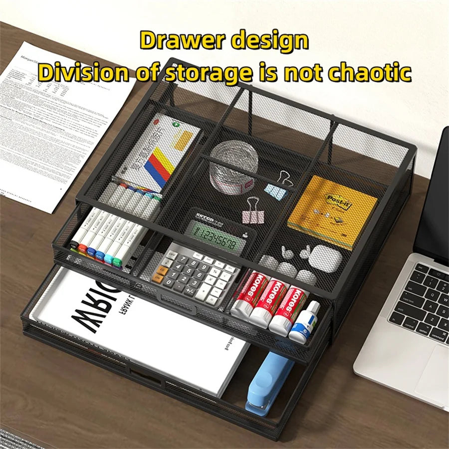 2-Layer Metal Monitor Stand with Drawer for Desktop Storage