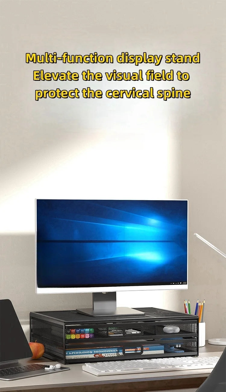 2-Layer Metal Monitor Stand with Drawer for Desktop Storage