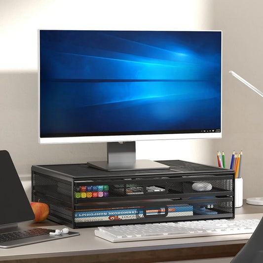 2-Layer Metal Monitor Stand with Drawer for Desktop Storage