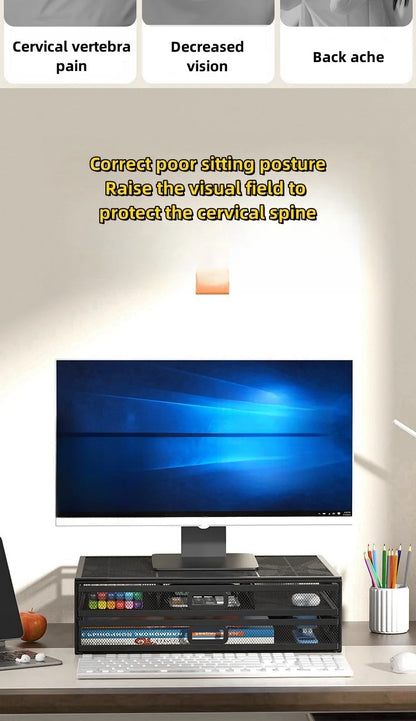 2-Layer Metal Monitor Stand with Drawer for Desktop Storage