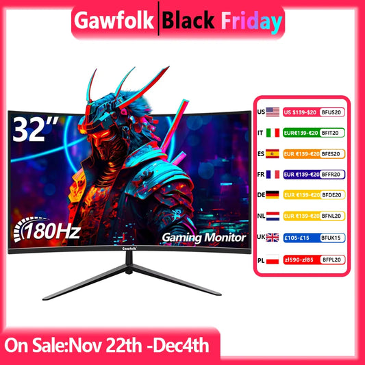 Gawfolk 32 Zoll Curved Gaming Monitor 180Hz Full HD